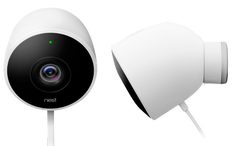 Dos cámaras de seguridad Nest blancas. Una está en ángulo hacia un lado, la otra mira directamente al espectador.