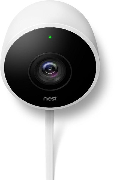 Cámara de seguridad Nest blanca. Lente negra. Indicador de luz verde. Cable blanco hacia abajo.