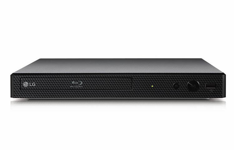 Reproductor Blu-ray LG negro. Muestra el frente con un botón, ranura de disco y el logo.