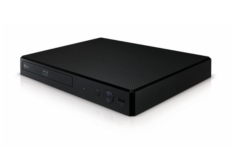 Un reproductor de Blu-ray LG negro sobre fondo blanco. Rectangular con bandeja de disco y botones de control.