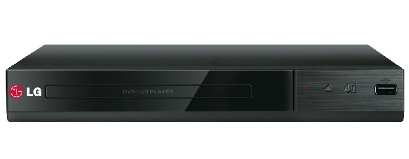 Reproductor de DVD/CD negro con el logo de LG. Frente brillante, botones.