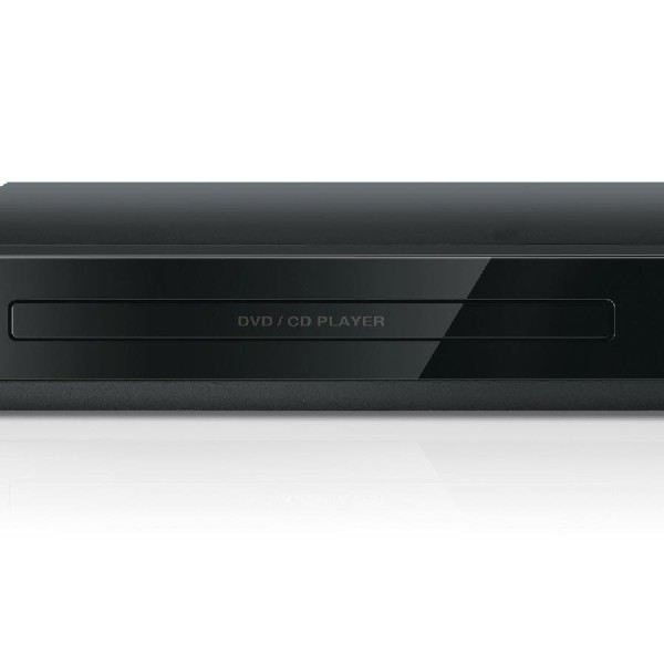 Reproductor de DVD/CD negro con frontal brillante, mostrando "DVD/CD PLAYER".