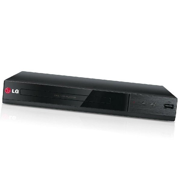 Reproductor de DVD/CD LG negro. Panel frontal con ranura, botón de encendido y puerto USB.