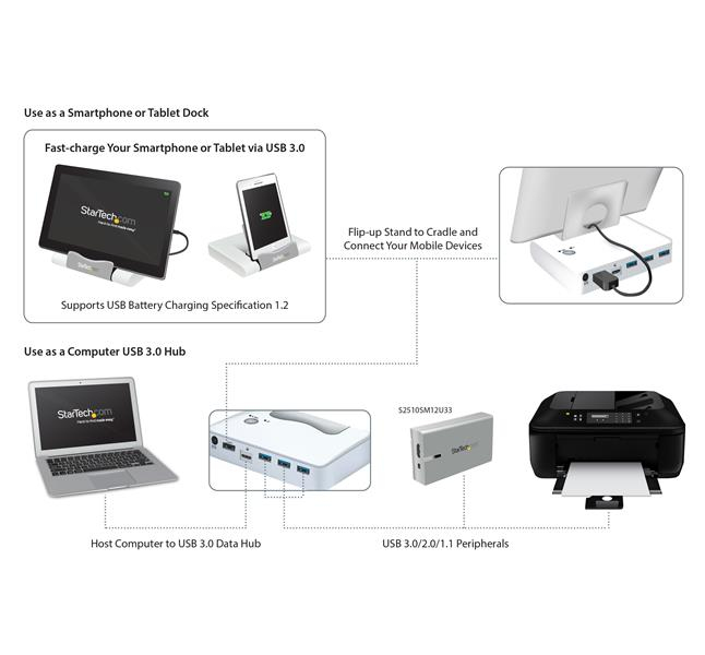 Hub USB - StarTech.com ST4300U3C1 Concentrador USB 3.0 3 Puertos Hub con Carga Rapida y Base