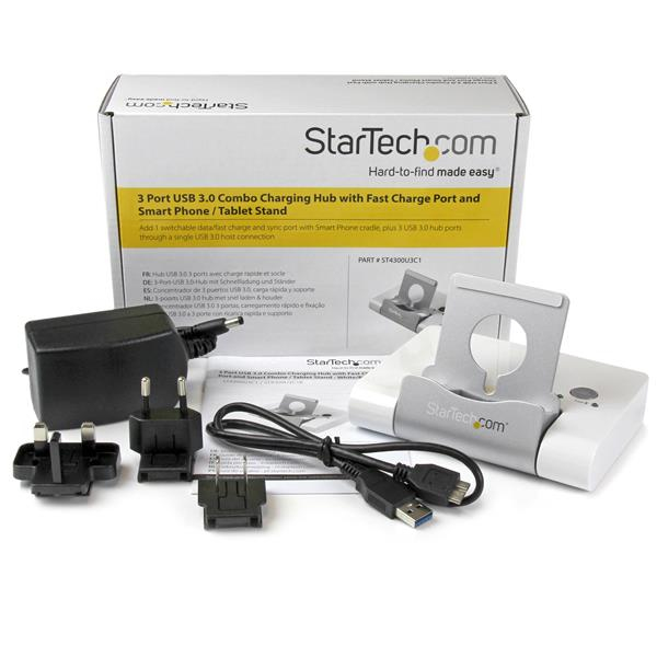 Hub USB - StarTech.com ST4300U3C1 Concentrador USB 3.0 3 Puertos Hub con Carga Rapida y Base