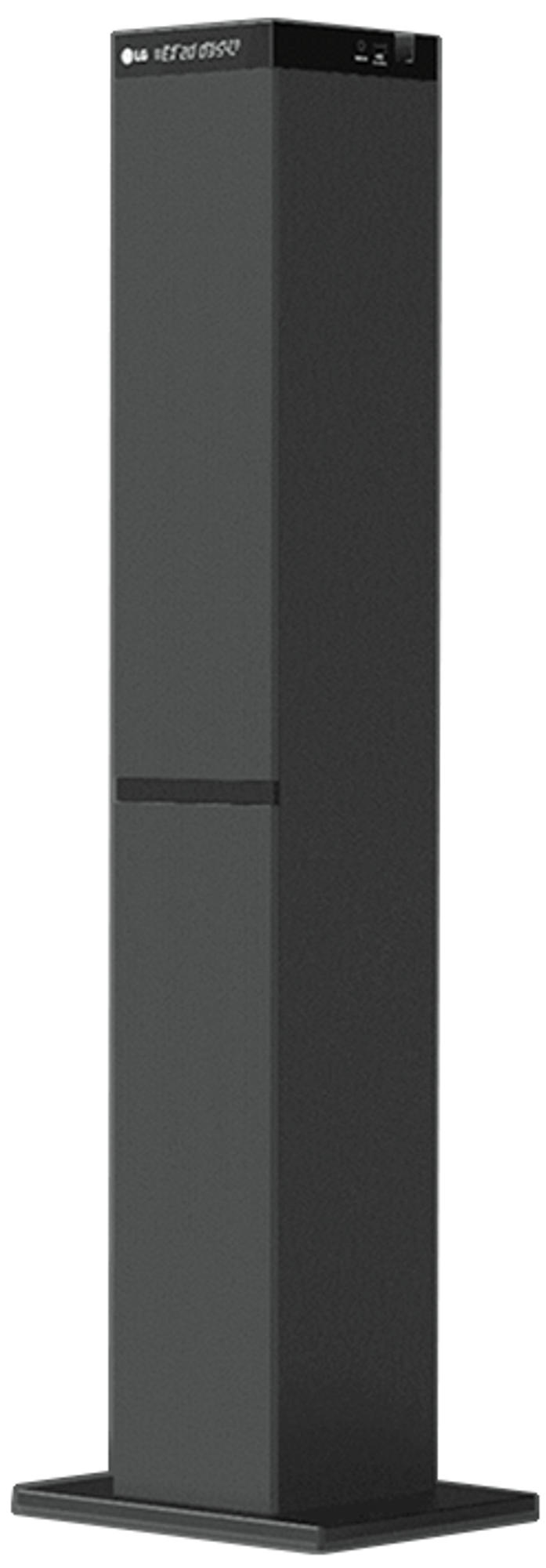 Altavoz torre negro con logo LG, diseño rectangular y base extendida.