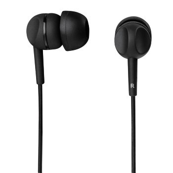 Auriculares negros sobre fondo blanco. Los auriculares están conectados por un cable negro y fino.