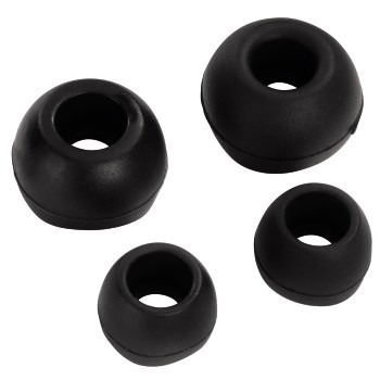 Cuatro puntas de auriculares negras. Son redondas y tienen un agujero en el centro.