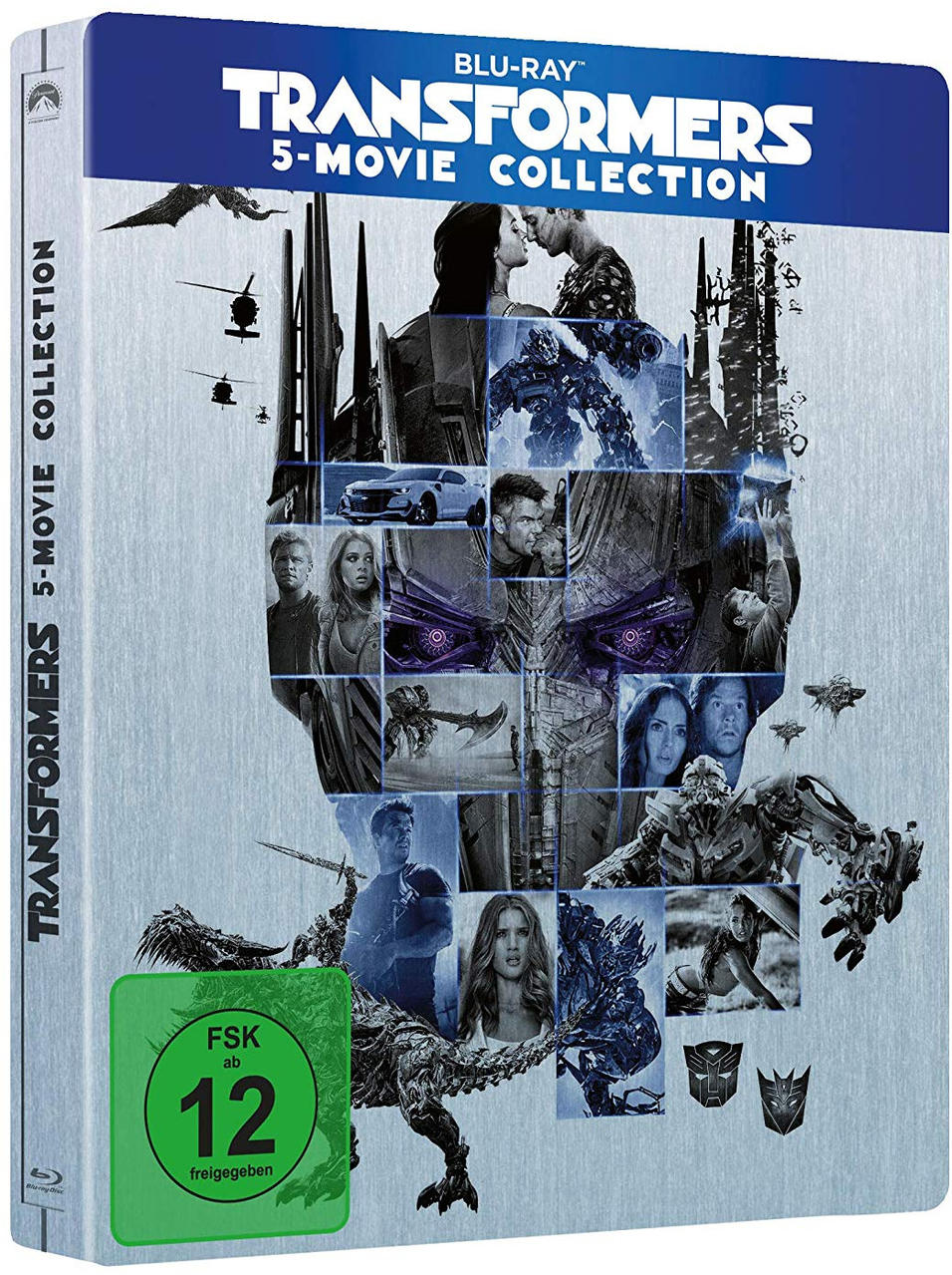 Blu-ray Transformers 5-Movie Collection. Das Cover zeigt eine Collage von Charakteren und Szenen.