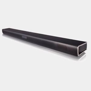 Barra de sonido negra sobre superficie blanca. Diseño elegante, largo y rectangular. Fondo blanco.