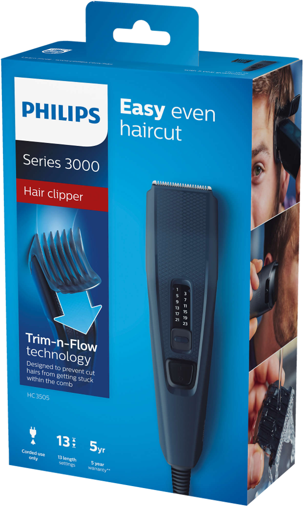 Philips Series 3000 hajvágó doboz, kék és fehér. Hajvágót és hajvágást mutat.