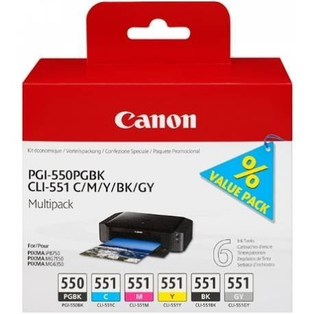 Canon Pgi550pgbk Cli551 pgbkcmybkgy negro cian gris pigmento amarillo pack 6 cartuchos de tinta original pgi550cli551 magenta foto fotos photo yellow multipack piezas pgi550+cli551 para impresora inyeccion pixma mx725925mg54505550565063506450665071507550ip72508750ix6850 6496b005