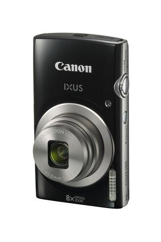 Cámara Canon IXUS negra con lente plateada y zoom de 8x.
