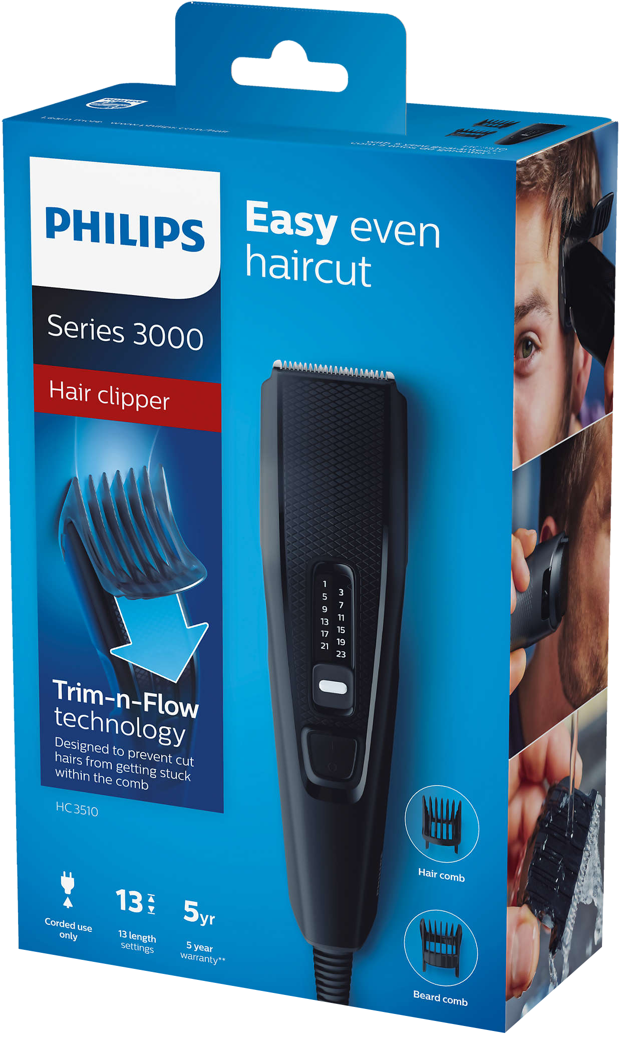 Philips Series 3000 hajvágó doboza, fekete hajvágó és fésű tartozékok láthatók.