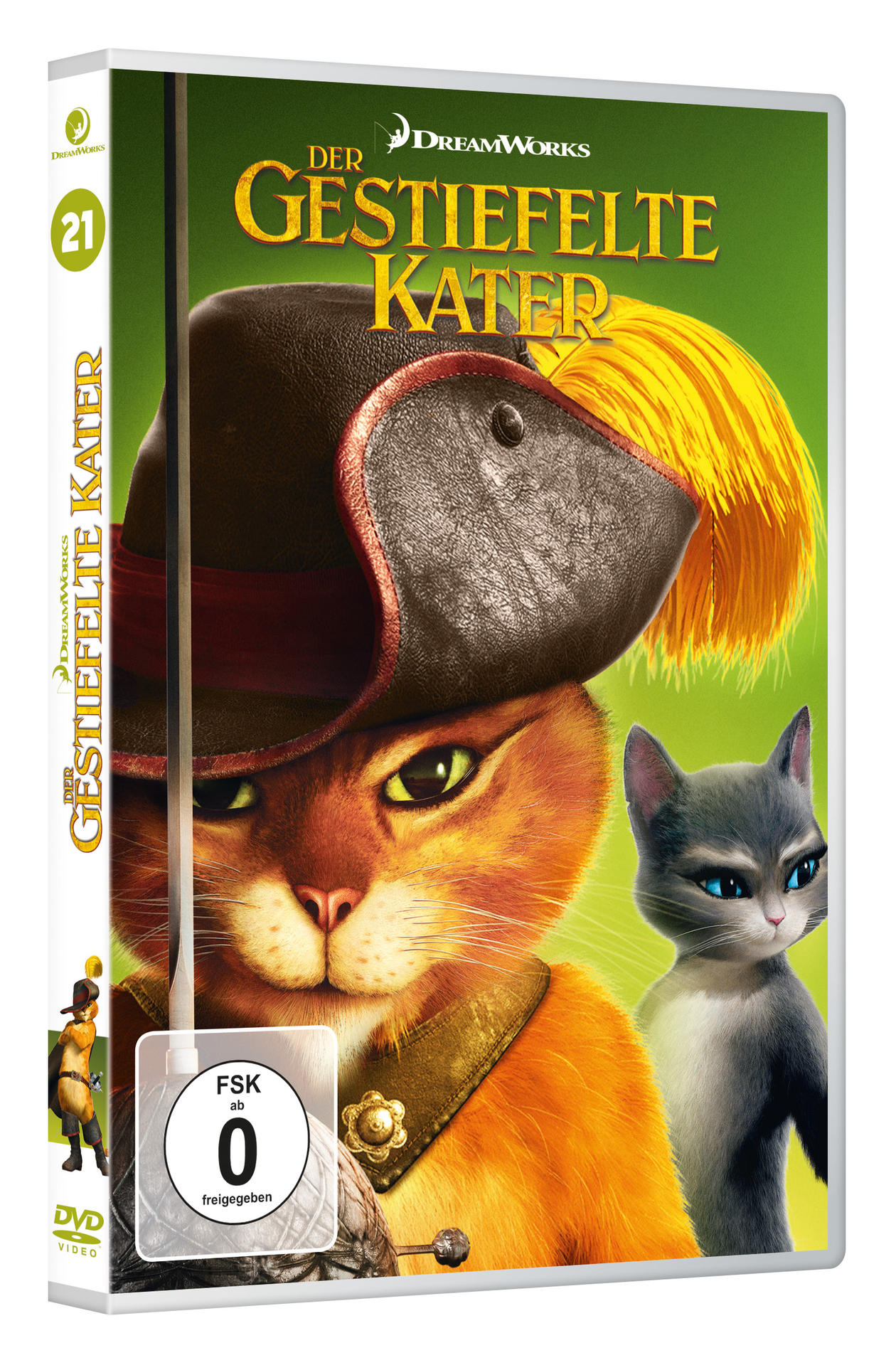DVD-Hülle des Films 'Der gestiefelte Kater'. Enthält Katze, Titel und Logo.