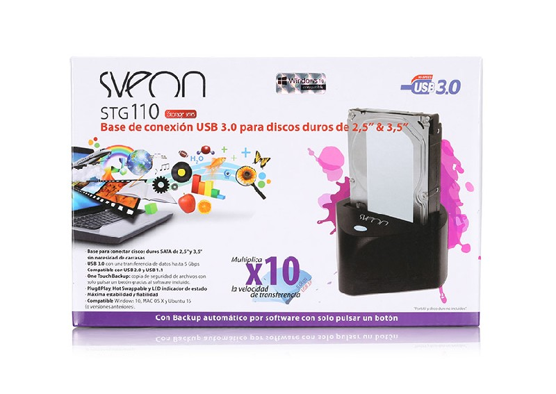 Caja de estación de acoplamiento de disco duro USB 3.0 Sveon STG110. Base negra, caja blanca e ilustraciones.