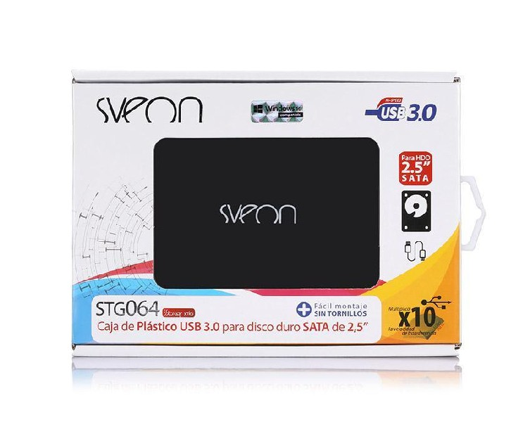 Una caja de carcasa de disco duro Sveon, interior negro, con USB 3.0 y SATA.
