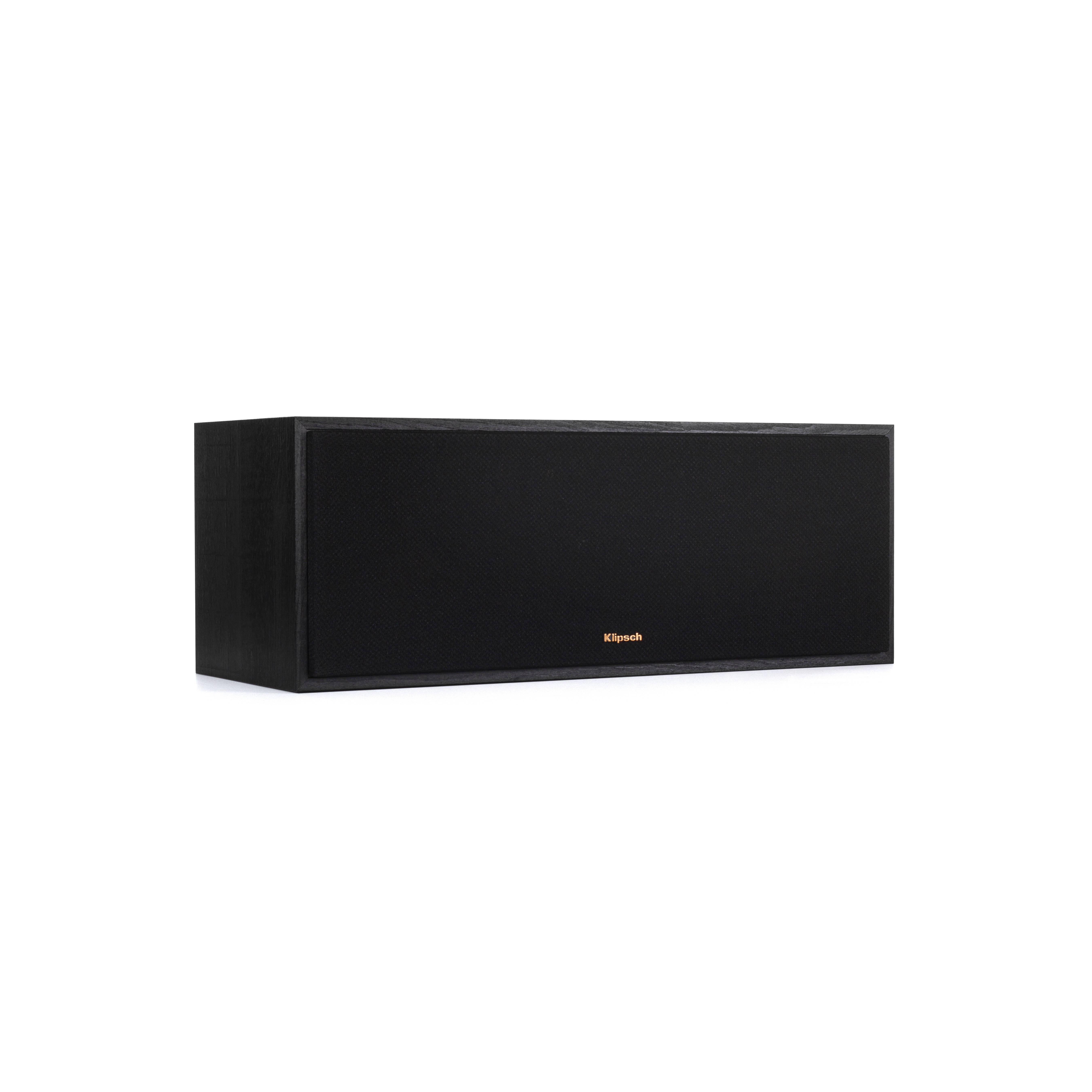 Ein schwarzer, rechteckiger Klipsch-Lautsprecher. Er hat eine schwarze Gitterfront und ein goldenes Klipsch-Logo.