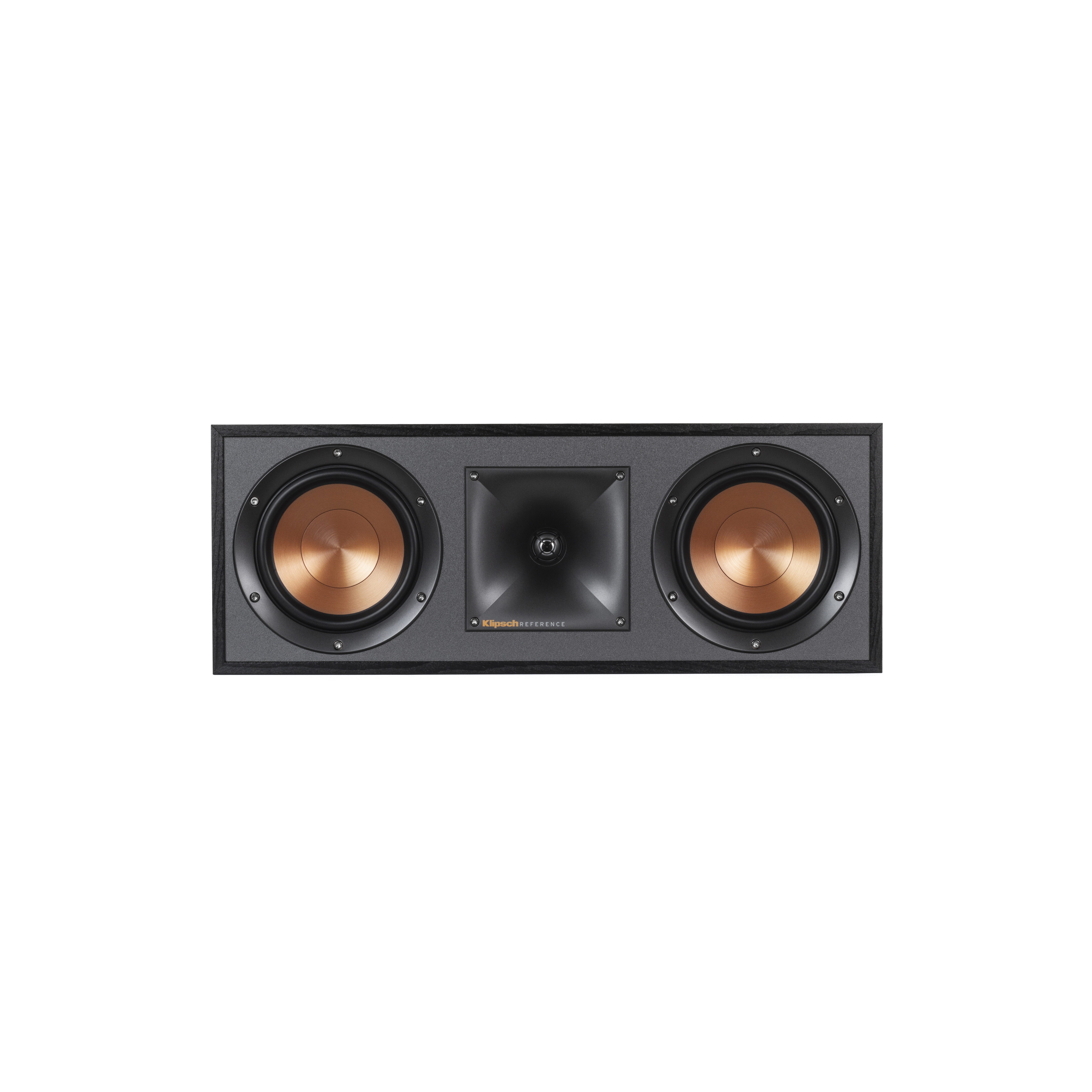 Schwarzer rechteckiger Klipsch-Lautsprecher mit zwei kupferfarbenen Tieftönern und einem Horntweeter.