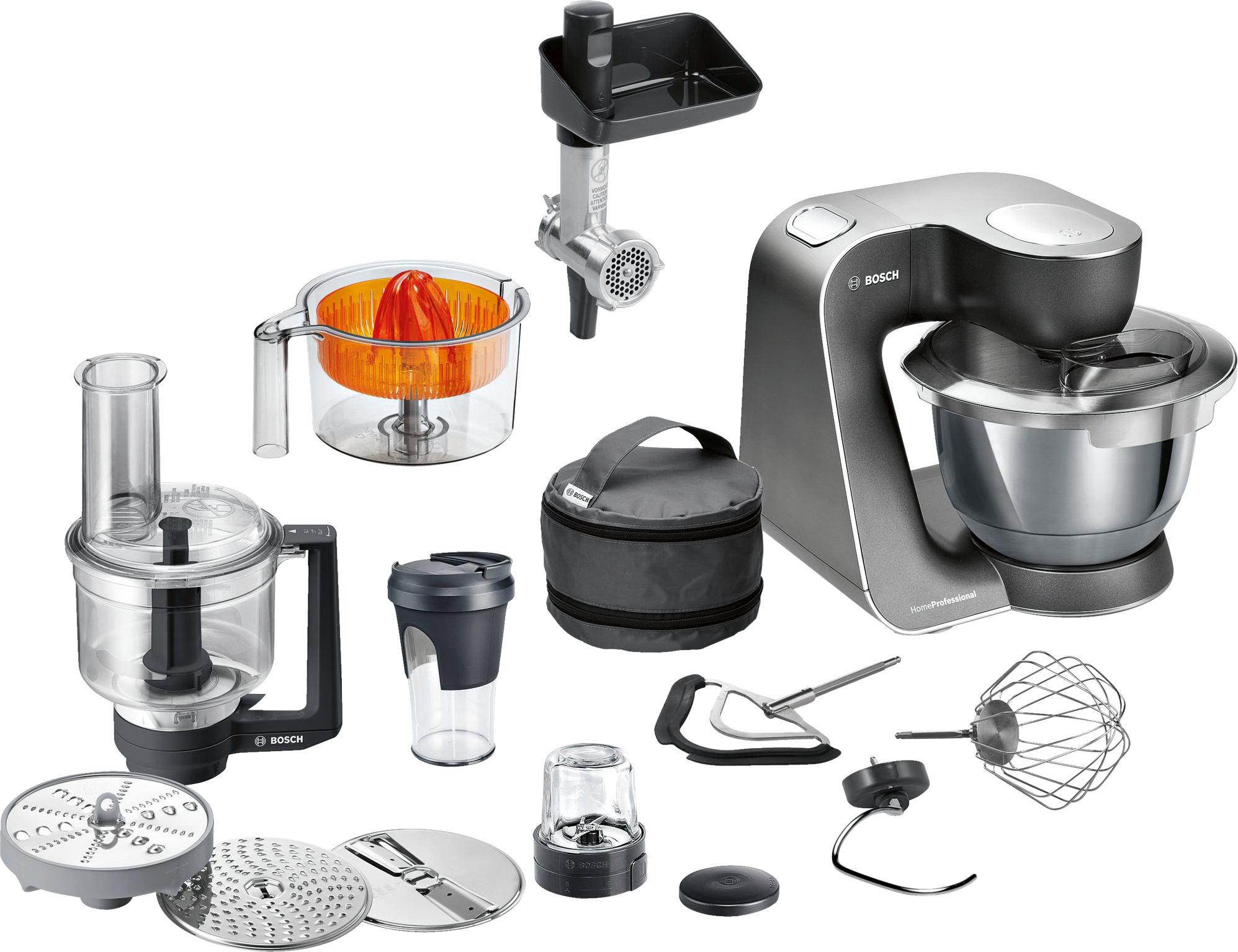 Robot de cuisine Bosch et accessoires. Comprend un robot culinaire, un presse-agrumes et un mixeur.