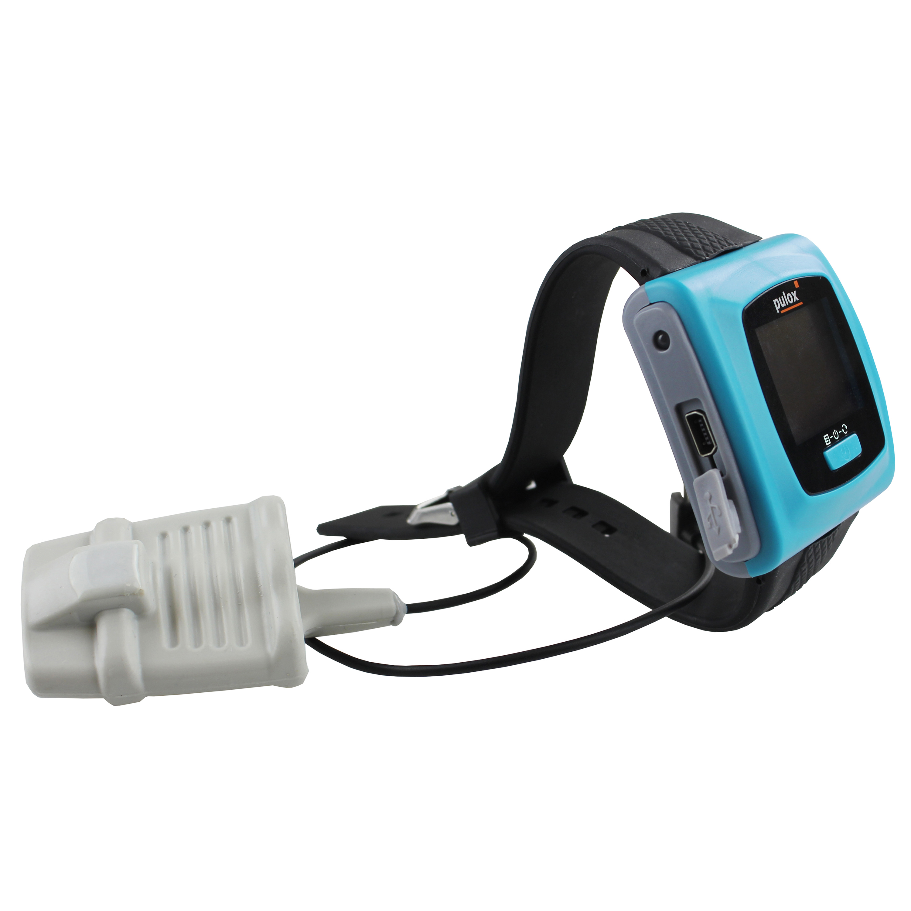 Eine blaue Polar Fitnessuhr mit schwarzem Armband und einem angeschlossenen grauen Sensor zur Herzfrequenzmessung.