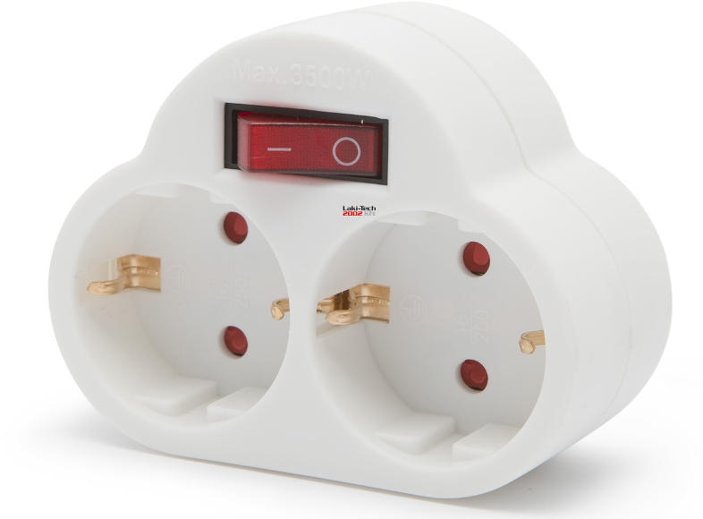 Fehér hálózati adapter két aljzattal és piros be/ki kapcsolóval. Max. 3500W felirat.