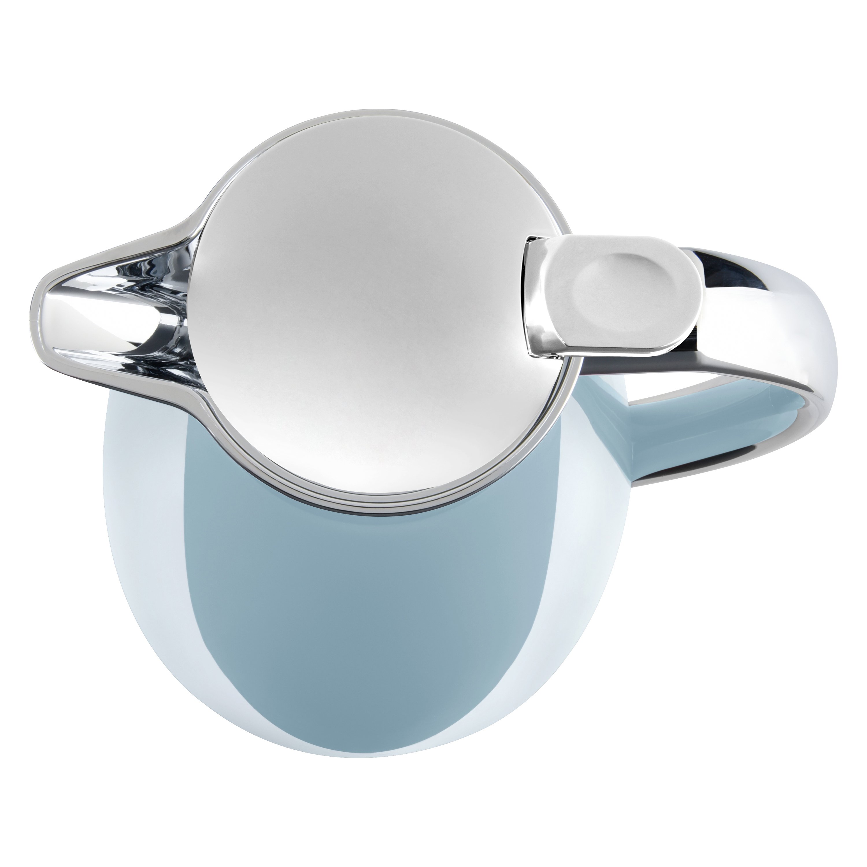 Ein Wasserkocher aus der Vogelperspektive. Er hat einen silbernen Deckel und Griff, mit einem hellblauen und weißen Körper auf weißem Hintergrund.