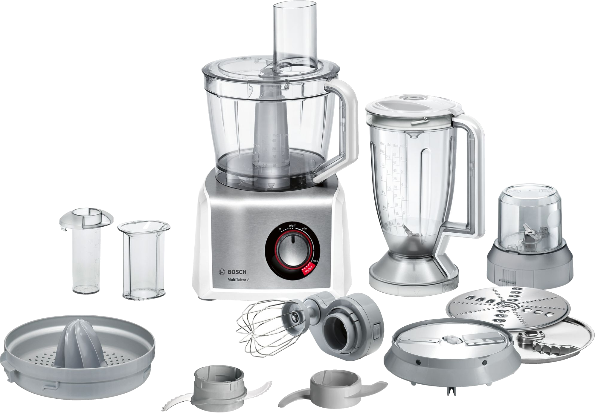 Robot culinaire avec plusieurs accessoires, acier inoxydable et blanc.