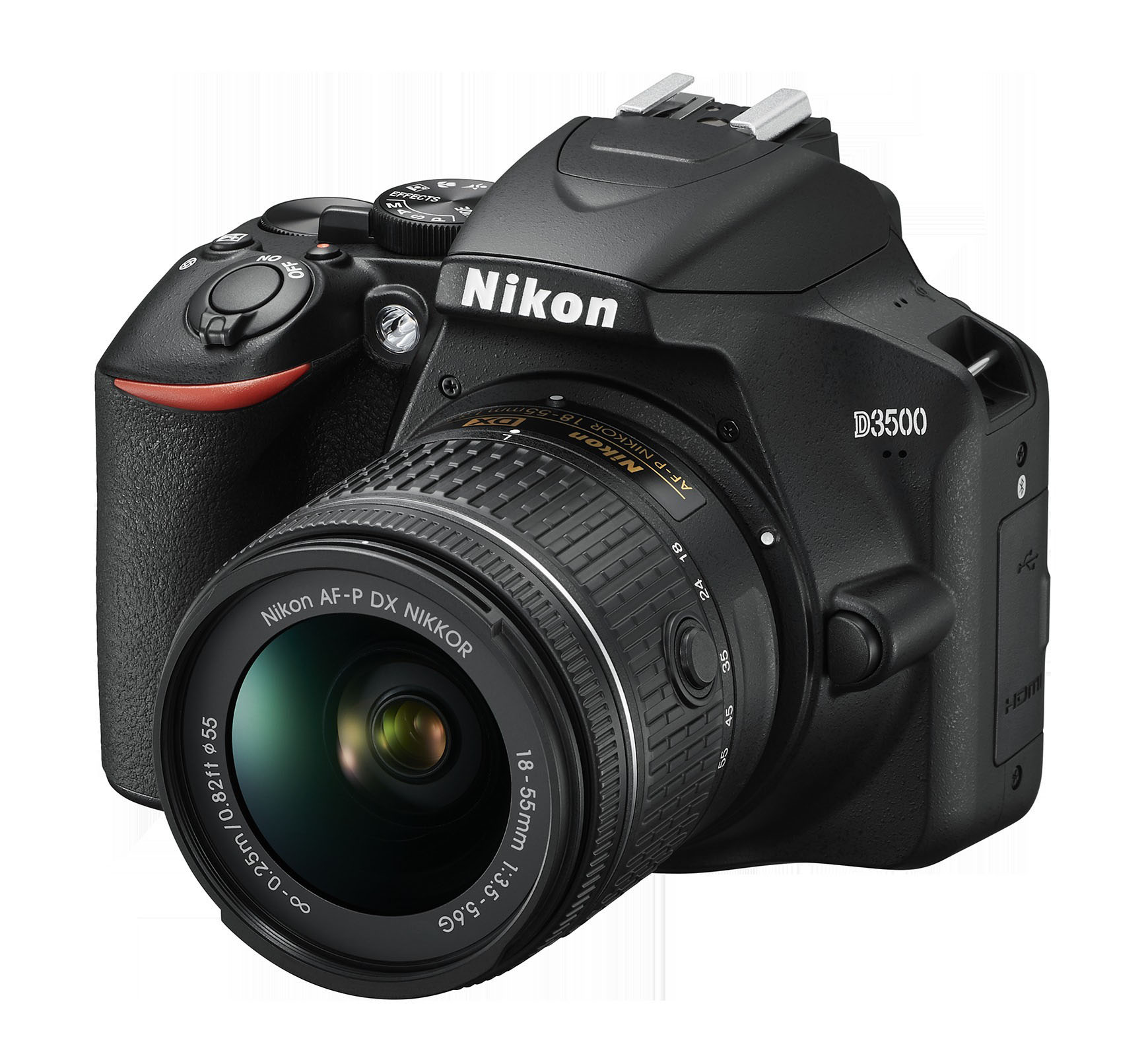 Eine schwarze Nikon D3500 Kamera. Sie hat ein Objektiv angesetzt, mit dem Markennamen 'Nikon' oben sichtbar.