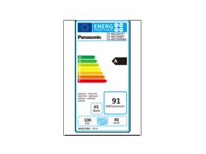 Etiqueta energética para un televisor Panasonic. Muestra la eficiencia energética, los vatios y las dimensiones. Fondo blanco.