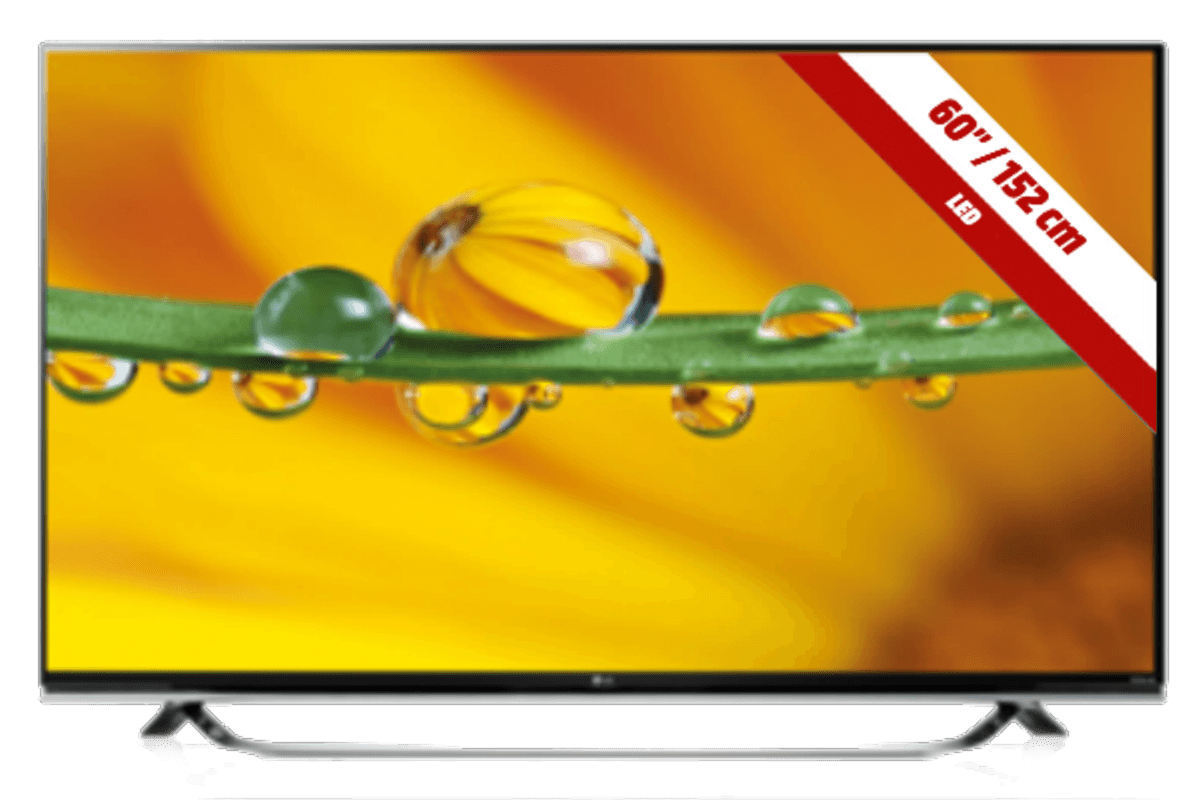 Una gran pantalla de TV que muestra un primer plano de gotas de agua sobre una hoja verde.