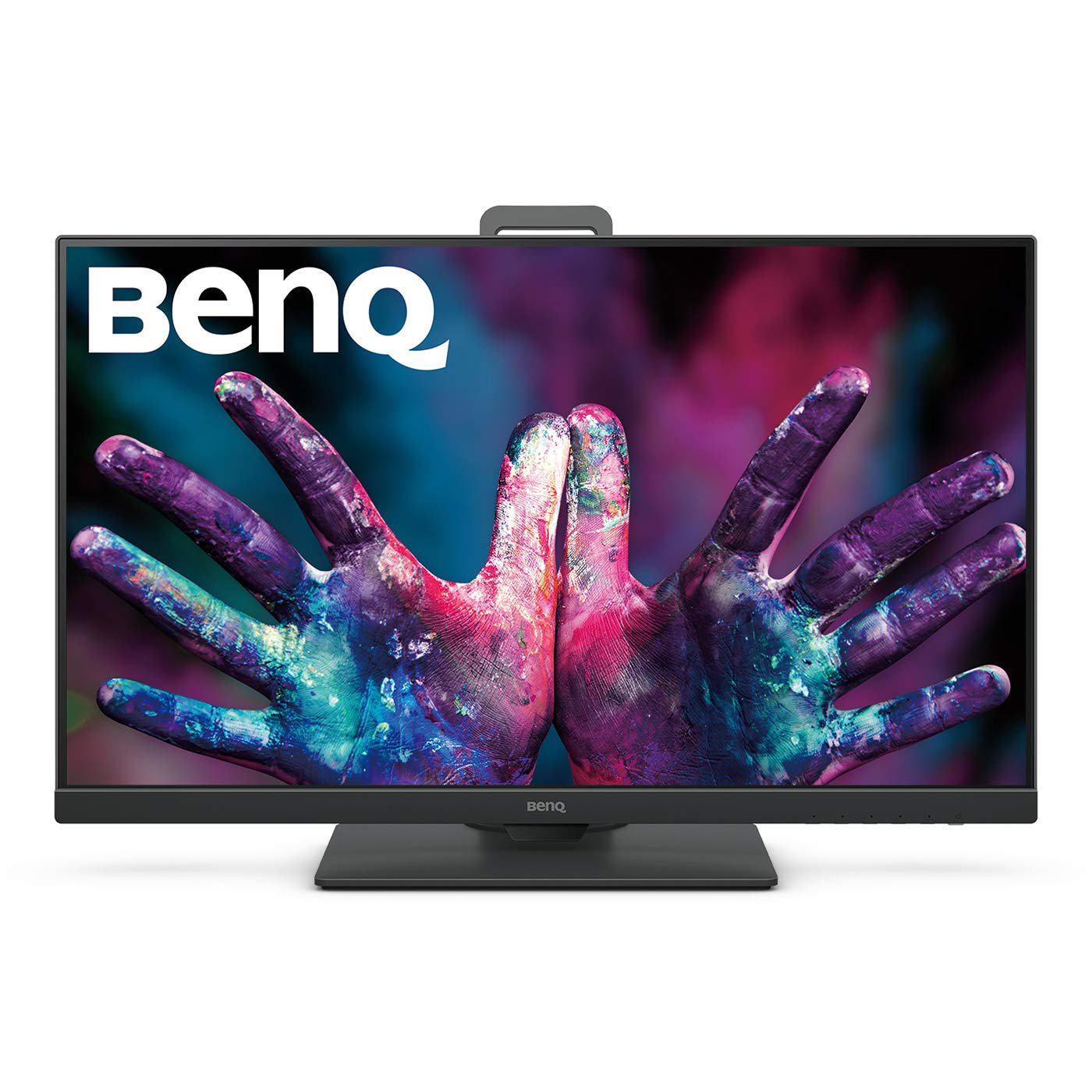 BenQ-Monitor mit farbig bemalten Händen. Das BenQ-Logo befindet sich oben.
