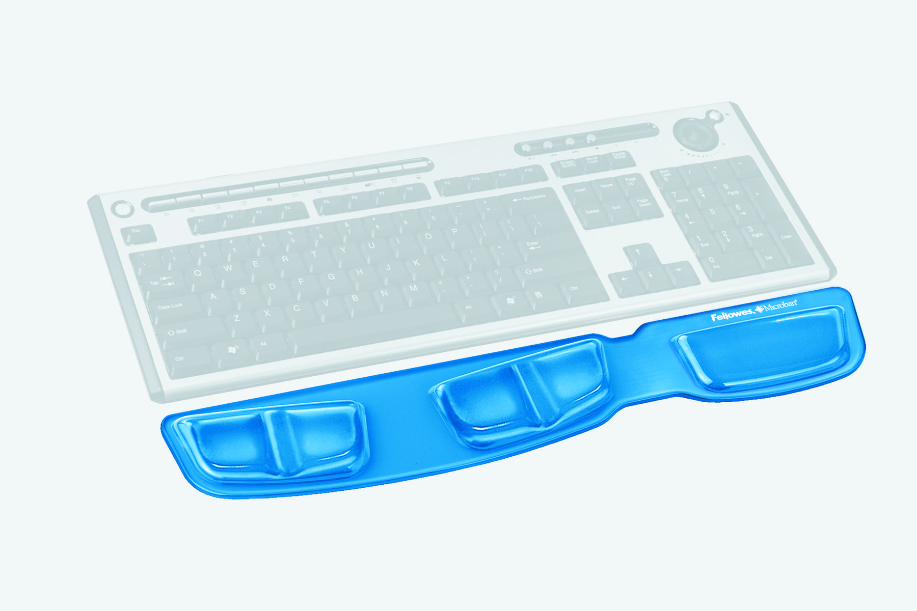 Apoyamuñecas de gel azul frente a un teclado. Presenta un diseño curvo.
