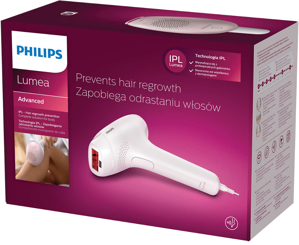Philips Lumea doboza. A doboz fehér és rózsaszín. Van benne egy IPL-készülék.