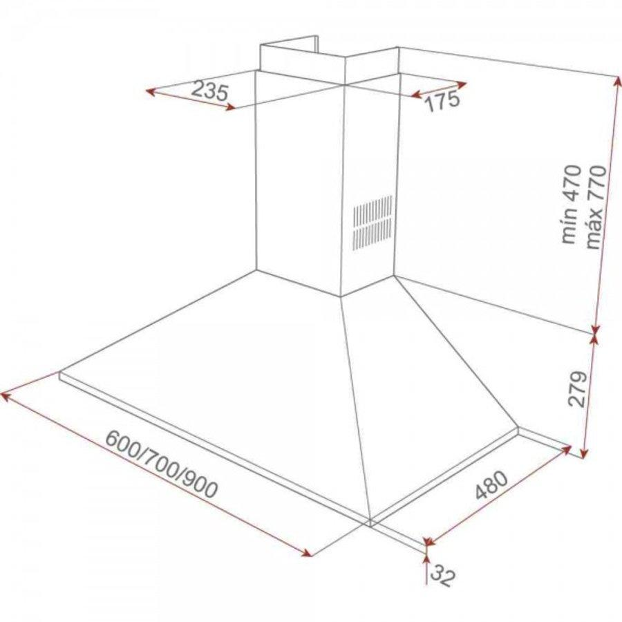 Diagrama de una campana extractora con dimensiones y ángulos sobre fondo blanco.