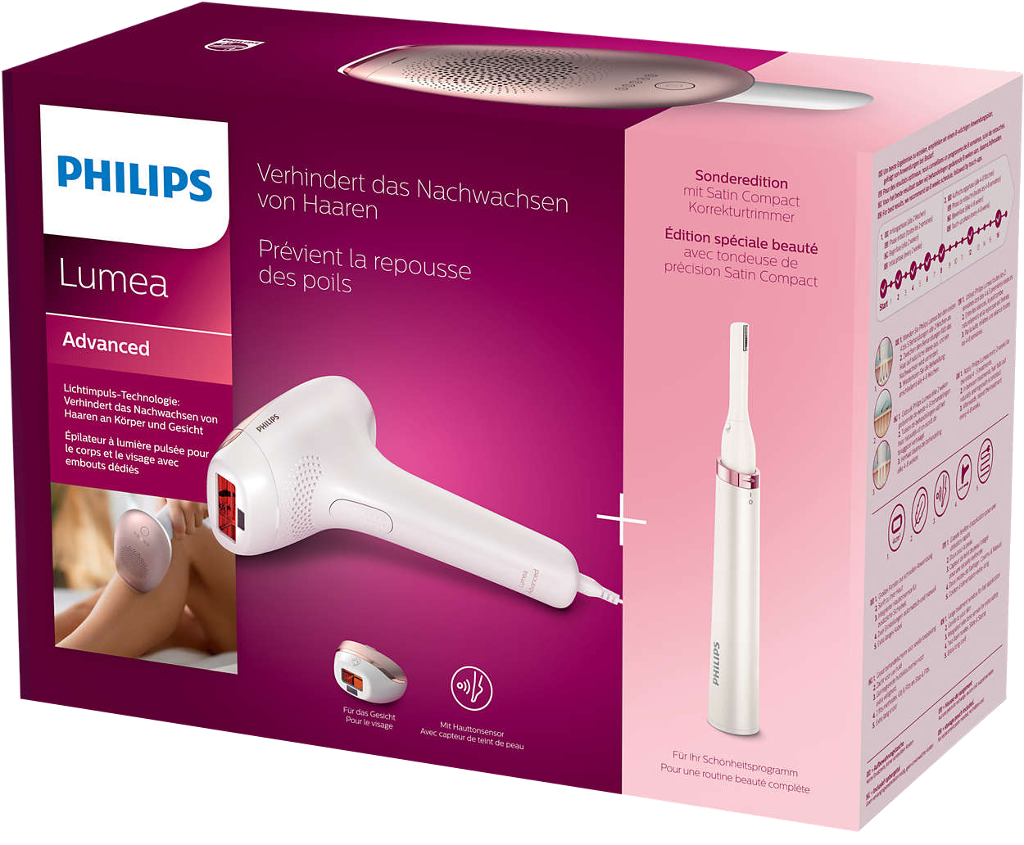 Egy doboz Philips Lumea Advanced készülékkel és egy kisebb szőrtelenítő készülékkel.