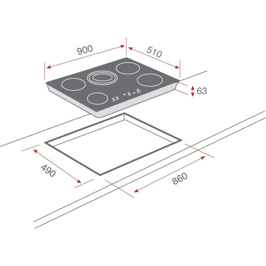 Diagrama de una placa de cocina negra, con zonas de cocción circulares y dimensiones.
