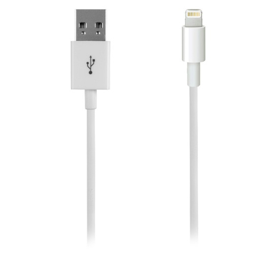 Cable USB a lightning blanco, con conectores USB y lightning.