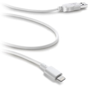 Cable USB blanco con un conector USB en un extremo y un conector Lightning en el otro.