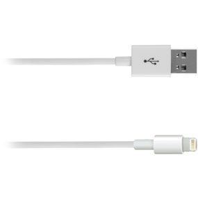 Cable blanco de USB a Lightning, con conectores USB y Lightning visibles.