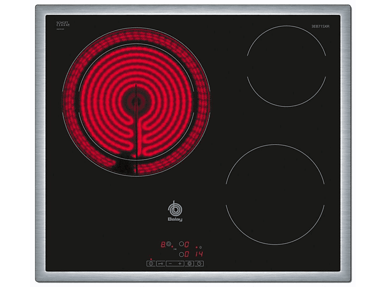Placa vitrocerámica  Balay 3EB715XR 3 zonas, Marco Inox, Zona gigante  28cm, Negro