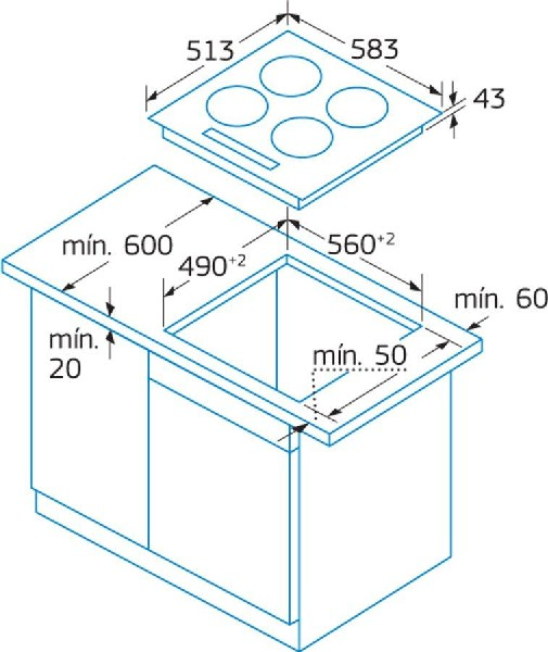 Dibujo técnico de una placa de cocina con medidas. Se ven cuatro zonas de cocción circulares, junto con dimensiones.