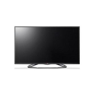 Un televisor LG negro con un soporte curvo plateado. Fondo blanco.