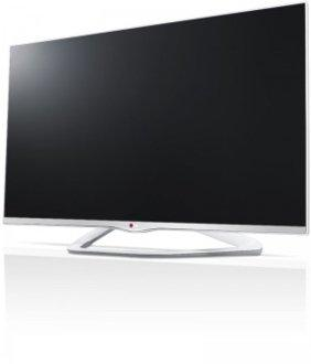 Televisor LG blanco con soporte curvo, se ve la pantalla negra.