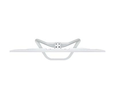 Soporte de TV blanco, diseño curvo, aislado sobre fondo blanco.