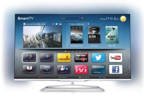 Pantalla de Smart TV con una interfaz de usuario que muestra aplicaciones y el clima.