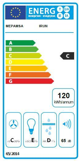 Etiqueta energética que muestra eficiencia energética, varios símbolos y consumo de energía en kWh/año.