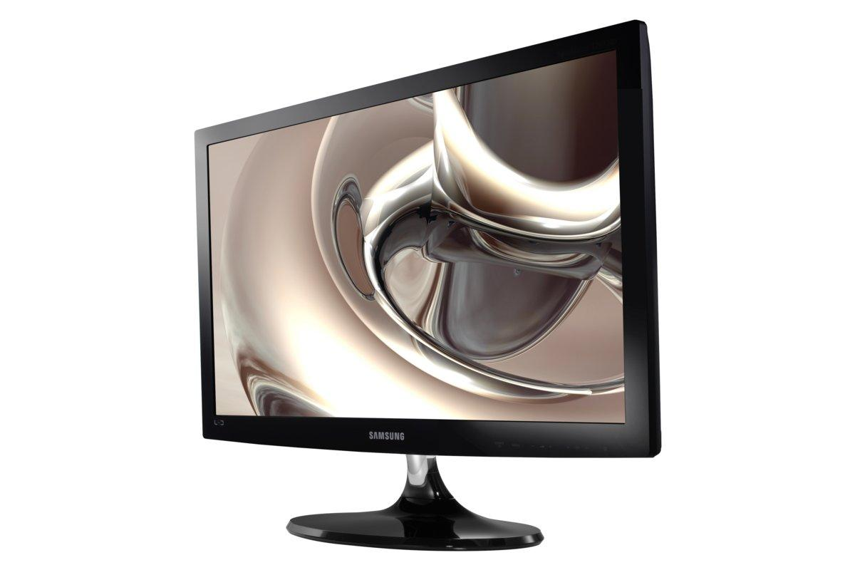 Un monitor Samsung negro con pantalla curva, que muestra un diseño plateado abstracto.