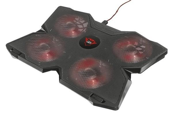 Base de refrigeración para portátil negra con cuatro ventiladores rojos. Logotipo rojo en el centro.