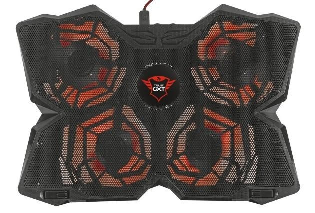 Enfriador de portátil negro con malla y ventiladores naranjas, logo Trust CXT.